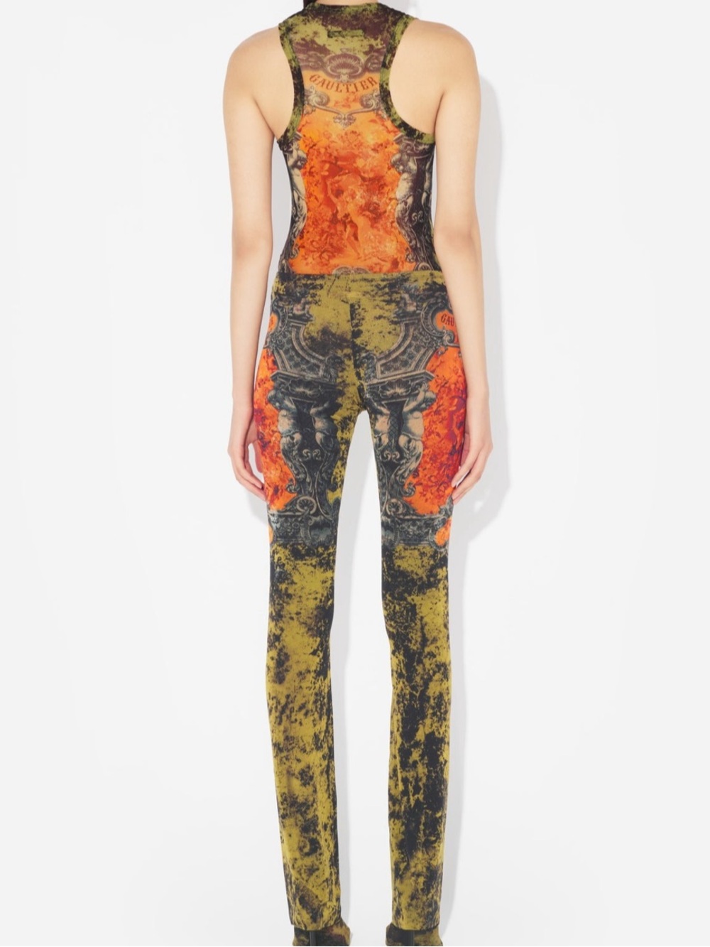 Jean Paul Gaultier Orange and Olive Abstract Sleeveless Jumpsuit - Picture 2 of 6